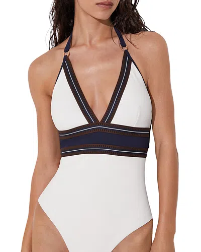 Reiss Womens Ivory Navy Giana Halterneck Swimsuit In Multi