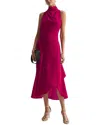 Reiss Pink Velvet Funnel Neck Asymmetric Midi Dress In Pink