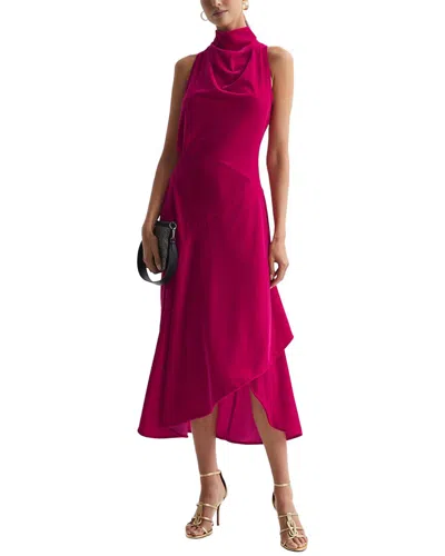 Reiss Pink Velvet Funnel Neck Asymmetric Midi Dress