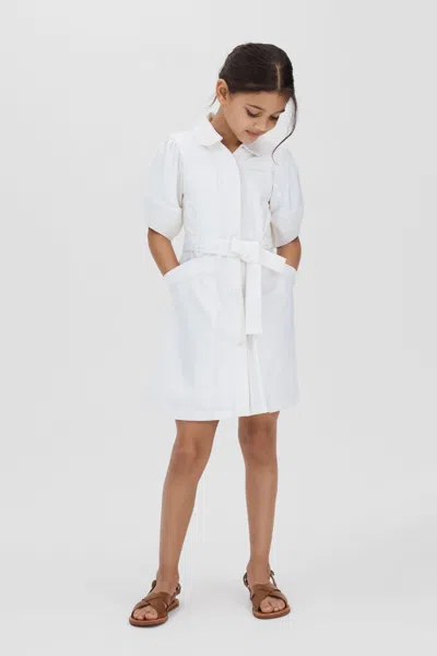 Reiss Kids' Ginny - Ivory Junior Belted Puff Sleeve Dress, Uk 7-8 Yrs