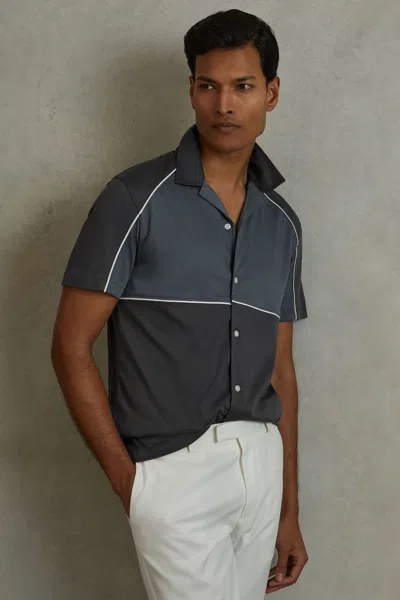 Reiss Blue Multi Gino Mercerised Cotton Colourblock Cuban Collar Shirt