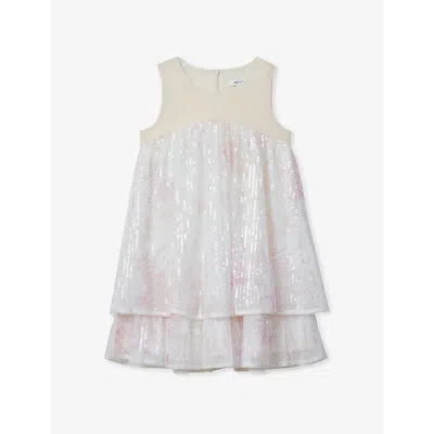 Reiss Girls Pink Kids Daisy Sequin-embellished Tiered Linen Dress 4-14 Years