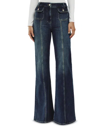 REISS GLORA BUTTON DETAIL HIGH RISE FLARE JEANS IN MID BLUE