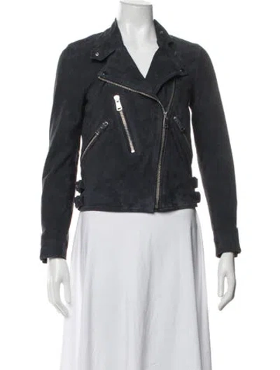 Pre-owned Reiss Goat Leather Biker Jacket In Blue