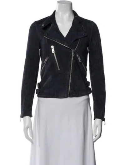Pre-owned Reiss Goat Leather Biker Jacket In Blue