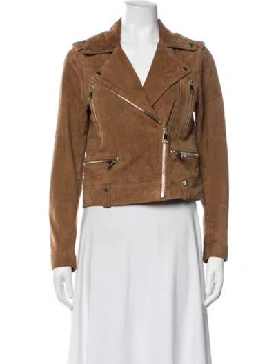 Pre-owned Reiss Goat Leather Biker Jacket In Brown