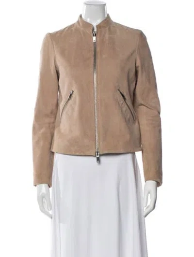 Pre-owned Reiss Goat Leather Biker Jacket In Neutral