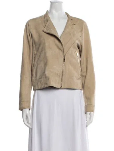 Pre-owned Reiss Goat Leather Biker Jacket In Neutrals