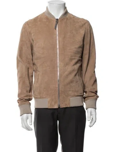 Pre-owned Reiss Goat Leather Bomber Jacket In Brown/neutrals