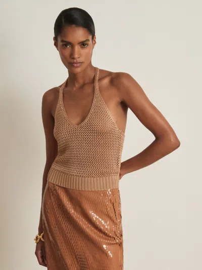 Reiss Gold Atelier Open Knit Halterneck Top In Brown