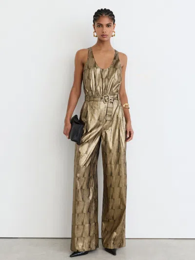 Reiss Gold Metallic Sleeveless Belted Wide-leg Jumpsuit