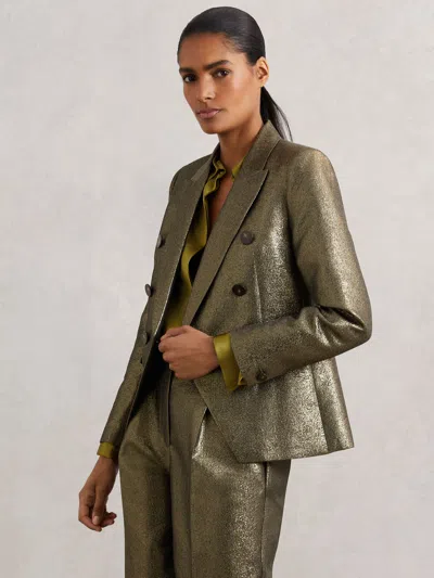 Reiss Gold Petite Double-breasted Metallic Suit Blazer With Cotton In Green