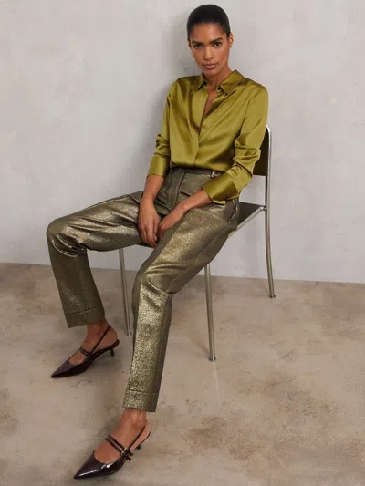 Reiss Gold Tapered Metallic Suit Trousers With Cotton In Green