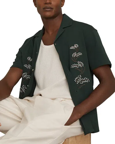 Reiss Goya Short Sleeve Floral Embroidered Cuban Shirt In Dark Green