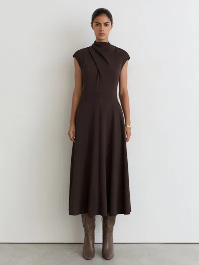 Reiss Grape Burgundy Alma High-neck Pleat-detail Midi Dress In Brown