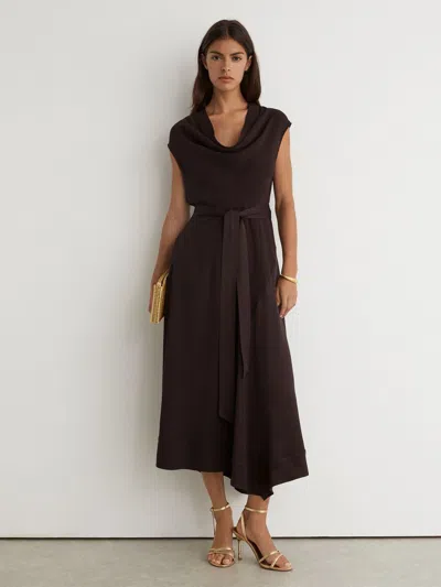 Reiss Grape Burgundy Cowl-neck Tie-waist Midi Dress In Brown