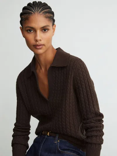 Reiss Grape Burgundy Millie Wool-cashmere Cable-knit Collared Jumper In Brown