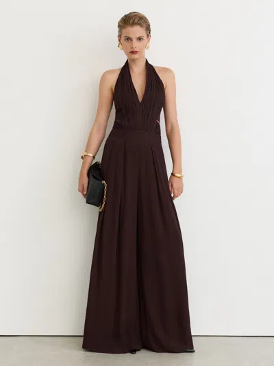 Reiss Grape Burgundy Petite Halterneck Pleated Wide-leg Jumpsuit In Black