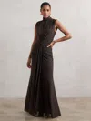 Reiss Grape Sheer Ruched Maxi Dress In Brown