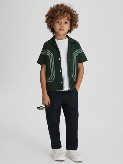 Reiss Green 9-13 Yrs Cotton Embroidered Cuban Collar Shirt