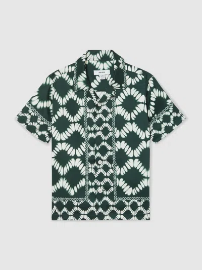 Reiss Green Abstract Print Cuban Collar Shirt