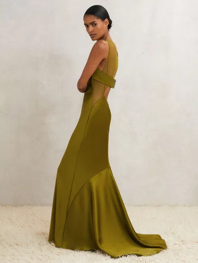 Reiss Green Atelier Satin Sheer-panel Maxi Dress