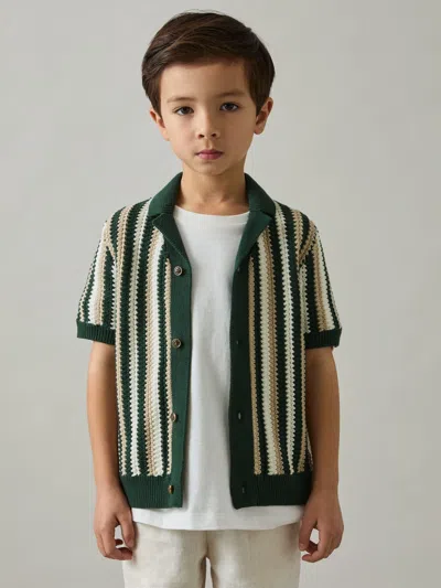 Reiss Green Carrington 9-13 Yrs Cotton Crochet Stripe Cuban Shirt