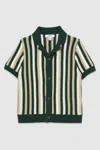 Reiss Green Cotton Crochet Stripe Cuban Shirt