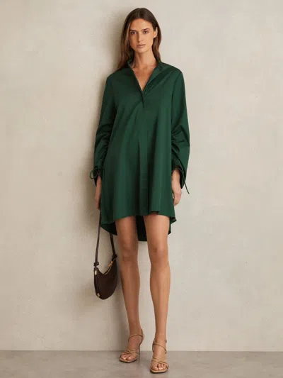 Reiss Green Cotton Gathered Cut-out Shirt Dress With Stretch