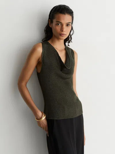 Reiss Green Cowl-neck Metallic-knit Sleeveless Top