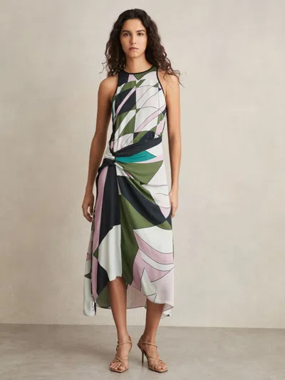 REISS REISS GREEN AVIA GEOMETRIC-PRINT GATHERED MIDI DRESS