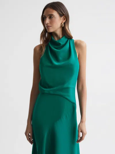 Reiss Green High Neck Draped Midi Dress