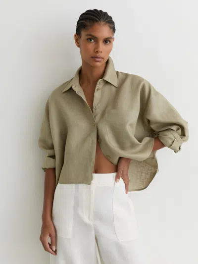 Reiss Green Linen Oversize Cropped Shirt In Multi