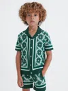 Reiss Green Multi 3-9 Yrs Knitted Cuban Collar Button-through Shirt In Green