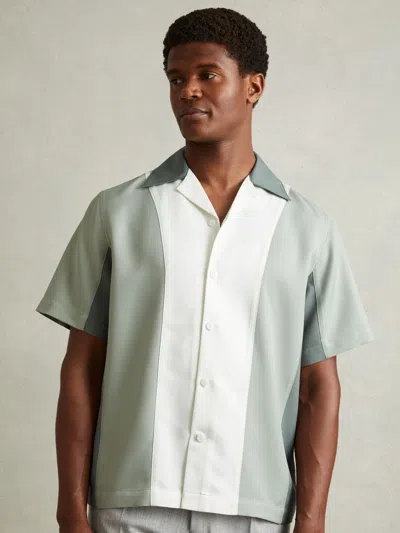 REISS GREEN MULTI COLOURBLOCK CUBAN COLLAR SHIRT