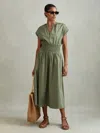 Reiss Green Petite Cotton Ruched Waist Midi Dress