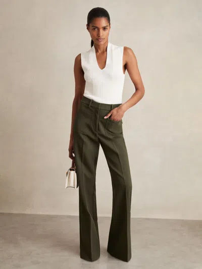 Reiss Green Petite Twill Patch-pocket Flared Trousers