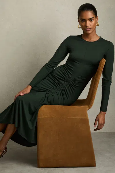 Reiss Green Ruched Jersey Midi Dress