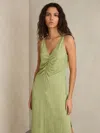 REISS GREEN RUCHED SLEEVELESS MIDI DRESS WITH LINEN
