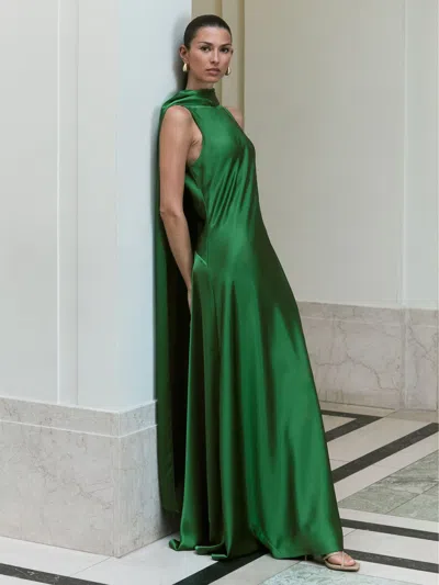 REISS REISS GREEN FAE SATIN CAPE MAXI DRESS