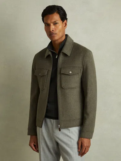 Reiss Green Smoke Peridoe Zip-through Trucker Jacket With Wool