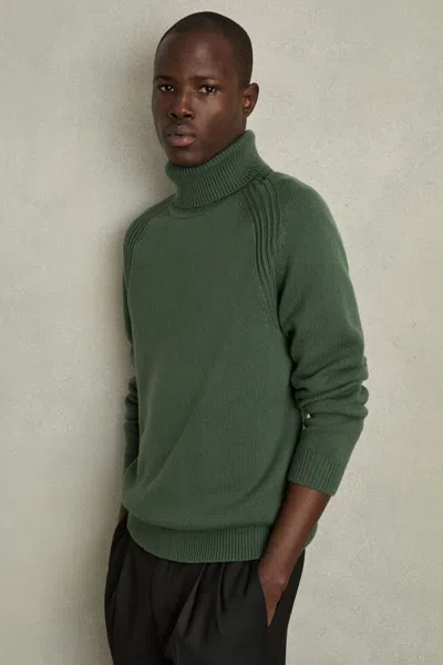 Reiss Green Smoke Wool-blend Ridge-seam Roll-neck Jumper