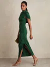 Reiss Green Stretch Lyocell Ruched Midi Dress