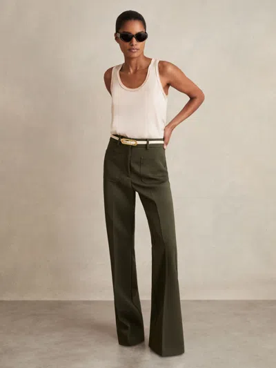 Shop Reiss Green Twill High Rise Flared Trousers