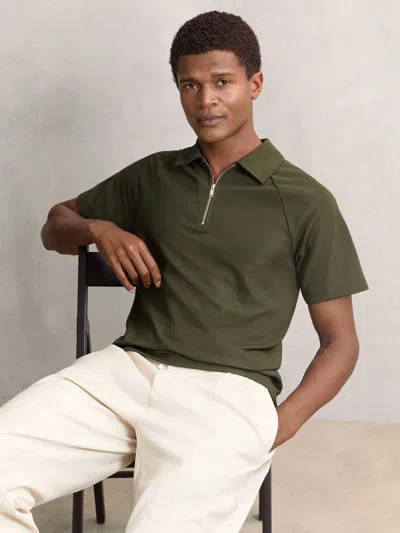 Reiss Green Winston Textured Raglan Half-zip Polo Shirt