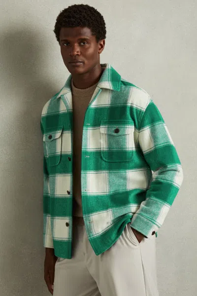 Reiss Green Wool Blend Checked Overshirt