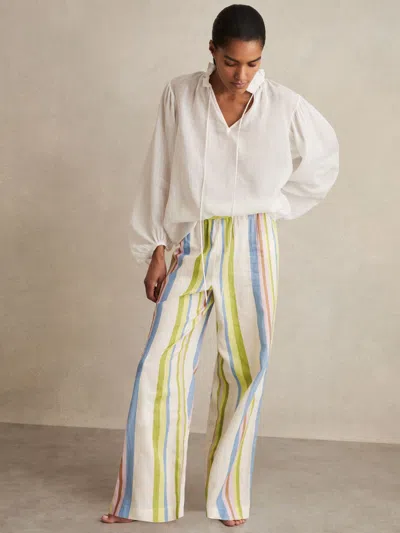 Reiss Green/blue Linen-blend Stripe Trousers In Multi