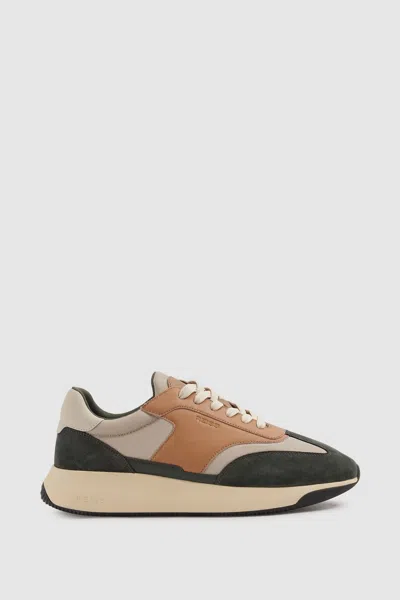 Reiss Green/camel Emmett Leather Suede Running Trainers In Green/camel