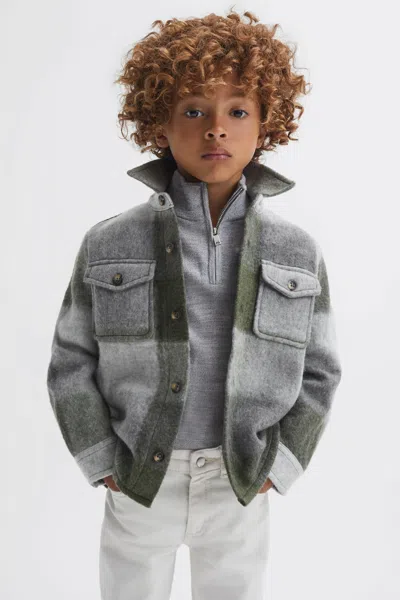 Reiss Kids' Green/ecru Stoval Senior Long Sleeve Brushed Overshirt