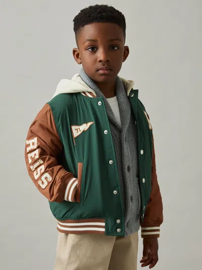 Reiss Green/tobacco Brown Wells 9-13 Yrs Home-run Colourblock Bomber Jacket